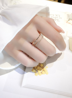 日式轻奢双层双排镶钻钛钢18K玫瑰金网红戒指女港风chic小众设计