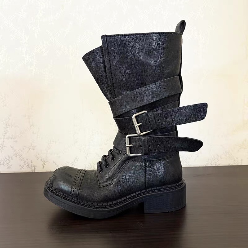 牛皮版厚底短筒骑士靴复古英伦风马丁靴真皮扣机车靴2025新款靴子