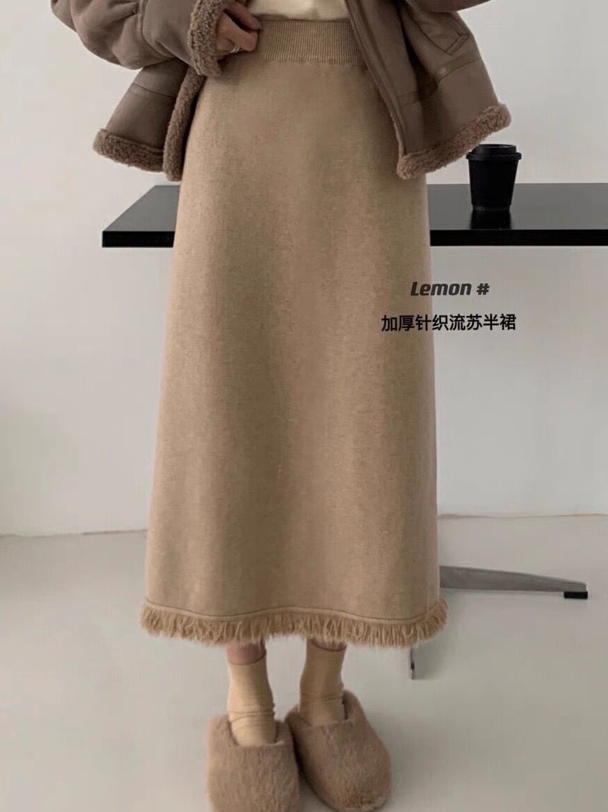 针织半身裙女加厚韩版气质设计感流苏秋冬百搭高腰中长款直筒裙子