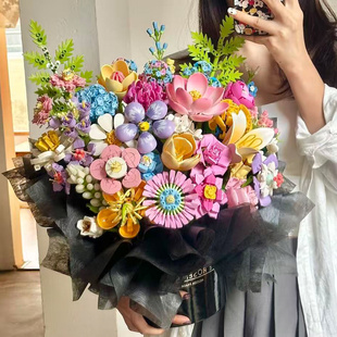 积木花束积木仿真花束女生系列抱抱桶全套拼装女孩玩具圣诞节礼物