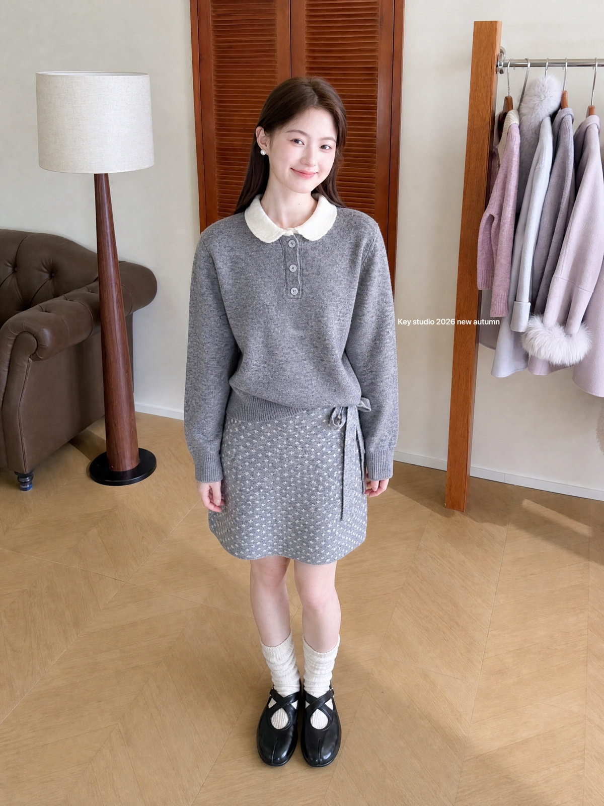 Key 秋冬韩系学院风撞色娃娃领毛衣波点半身裙两件套套装女