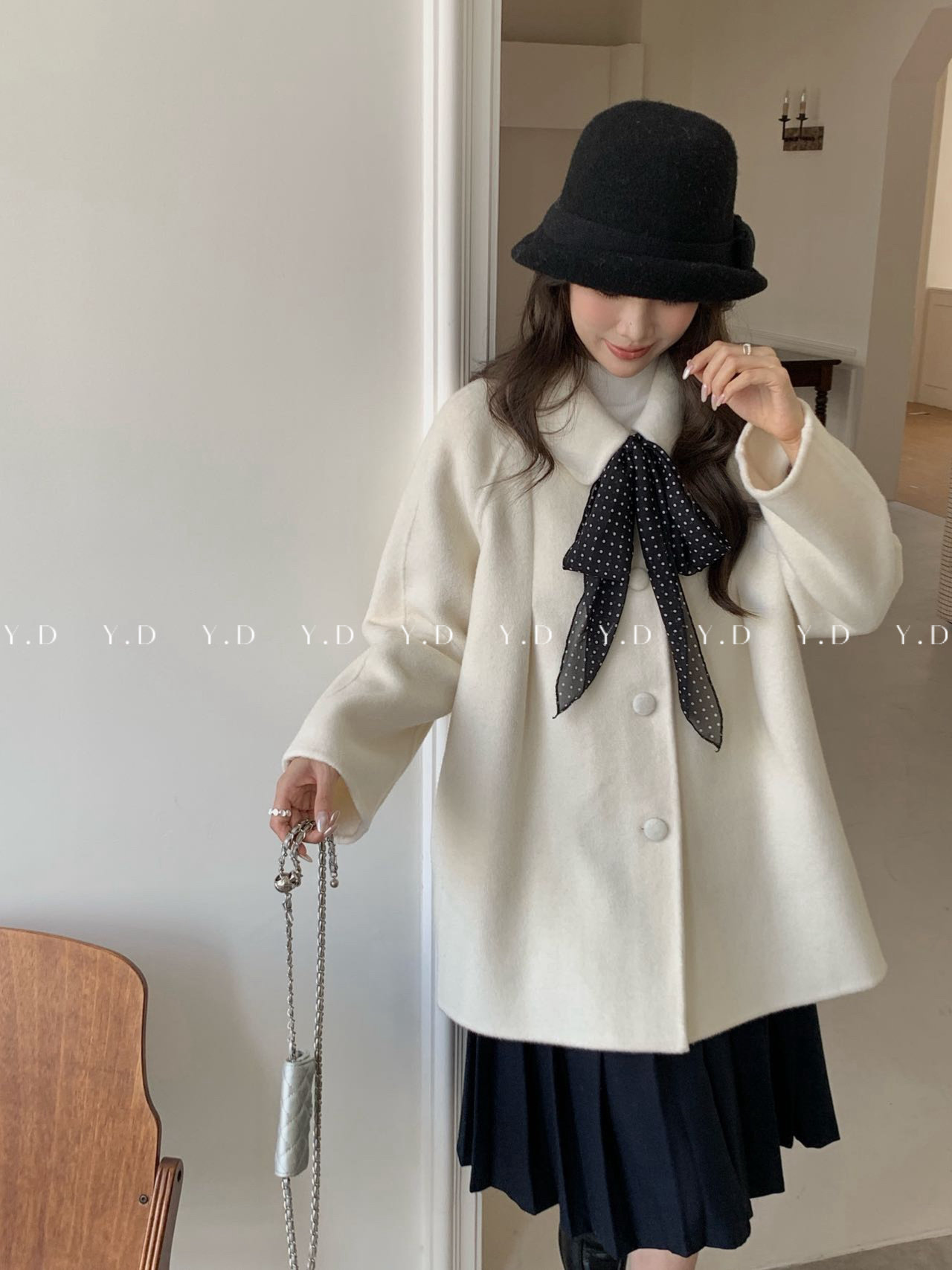 YD 小个子丝巾蝴蝶结翻领甜美秋冬新款羊毛呢外套女中长款大衣