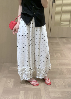 韩系波点木耳花边阔腿裤女2026夏款宽松显瘦休闲裤麻料灯笼九分裤