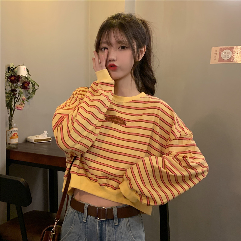 Real shot striped short sweater women's loose Korean fashion lazy wind thin Hong Kong style open navel top