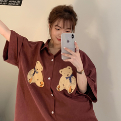 Photo of bear embroidered short sleeve female 2021 new summer loose shirt half sleeve shirt thin coat