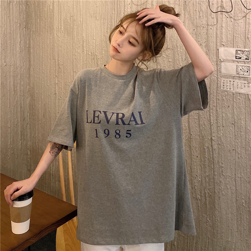 Real shot short sleeve T-shirt women's new letter printing loose student round neck pullover with top