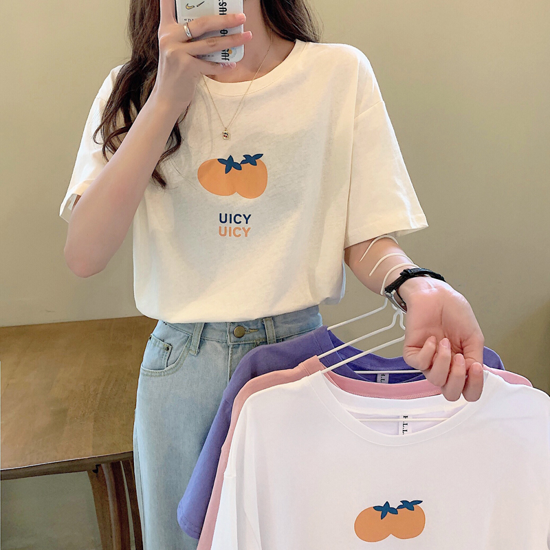 Real shot short sleeve t-shirt female half sleeve cartoon top print letters