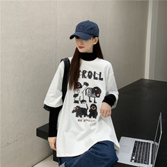 Real shot new loose fun print medium long short sleeve T-shirt top female student