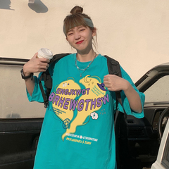 實拍風手繪卡通印花寬鬆短袖恤女