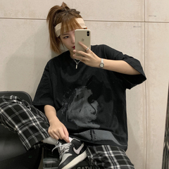 Real shot short sleeve T-shirt women's loose American Fuzzy portrait top