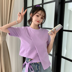 實拍 蝴蝶結上衣小心機短款不規則t恤女短袖
