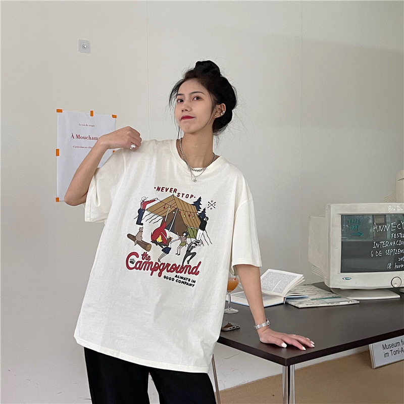 實拍夏季露營印花短袖恤女寬鬆復古百搭休閒顯瘦上衣