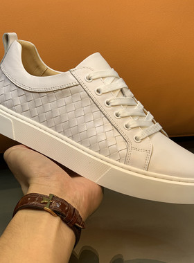 欧洲站男鞋白色真皮编织鞋男头层牛皮潮流休闲板鞋大牌英伦小白鞋