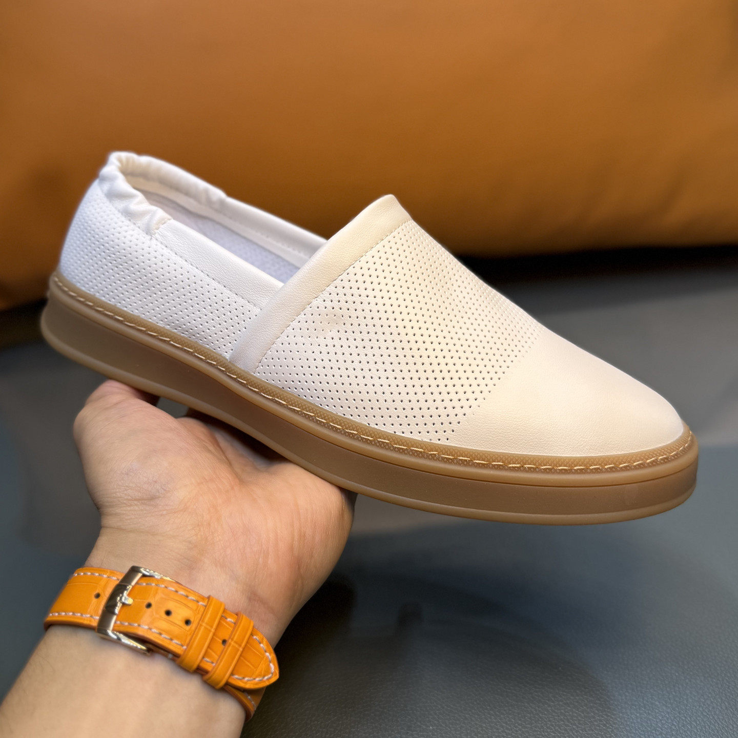 欧洲站男鞋夏季真皮打孔透气乐福鞋男一脚蹬头层牛皮休闲板鞋白色