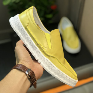 透气豆豆鞋 欧洲站男鞋 夏季 白色真皮乐福鞋 黄色 男一脚蹬软底开车鞋