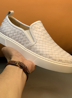 欧洲站男鞋欧货潮白色真皮乐福鞋男一脚蹬编织板鞋英伦小白鞋大牌