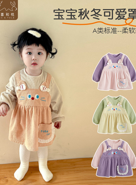 阿喜和悦背带猫咪裙式罩衣长袖宝宝吃饭围兜灯芯绒女孩围裙洋气