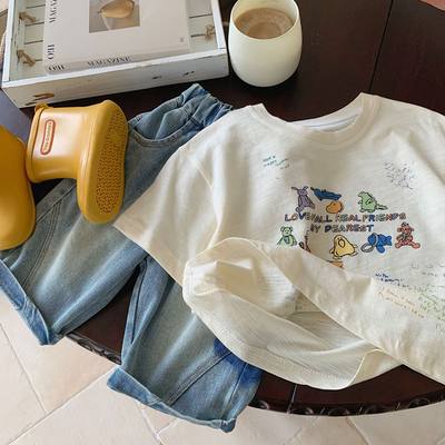 儿童T恤2024夏款韩版男女童短T彩色字母童装卡通印花短袖休闲上衣