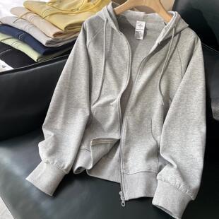 灰色卫衣女开衫春秋季薄款运动休闲上衣连帽拉链短款帽衫带帽外套