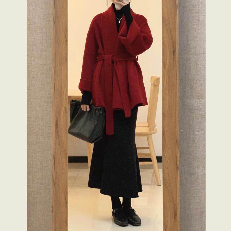 复古新年红色宽松系带浴袍式呢子大衣秋冬季小个子短款毛呢外套女