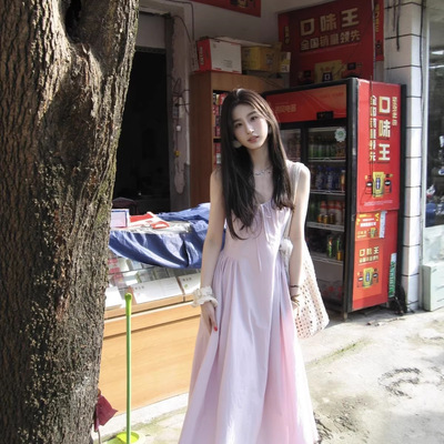 法式气质温柔风紫色吊带连衣裙女2026夏季新款宽松显瘦收腰长裙子