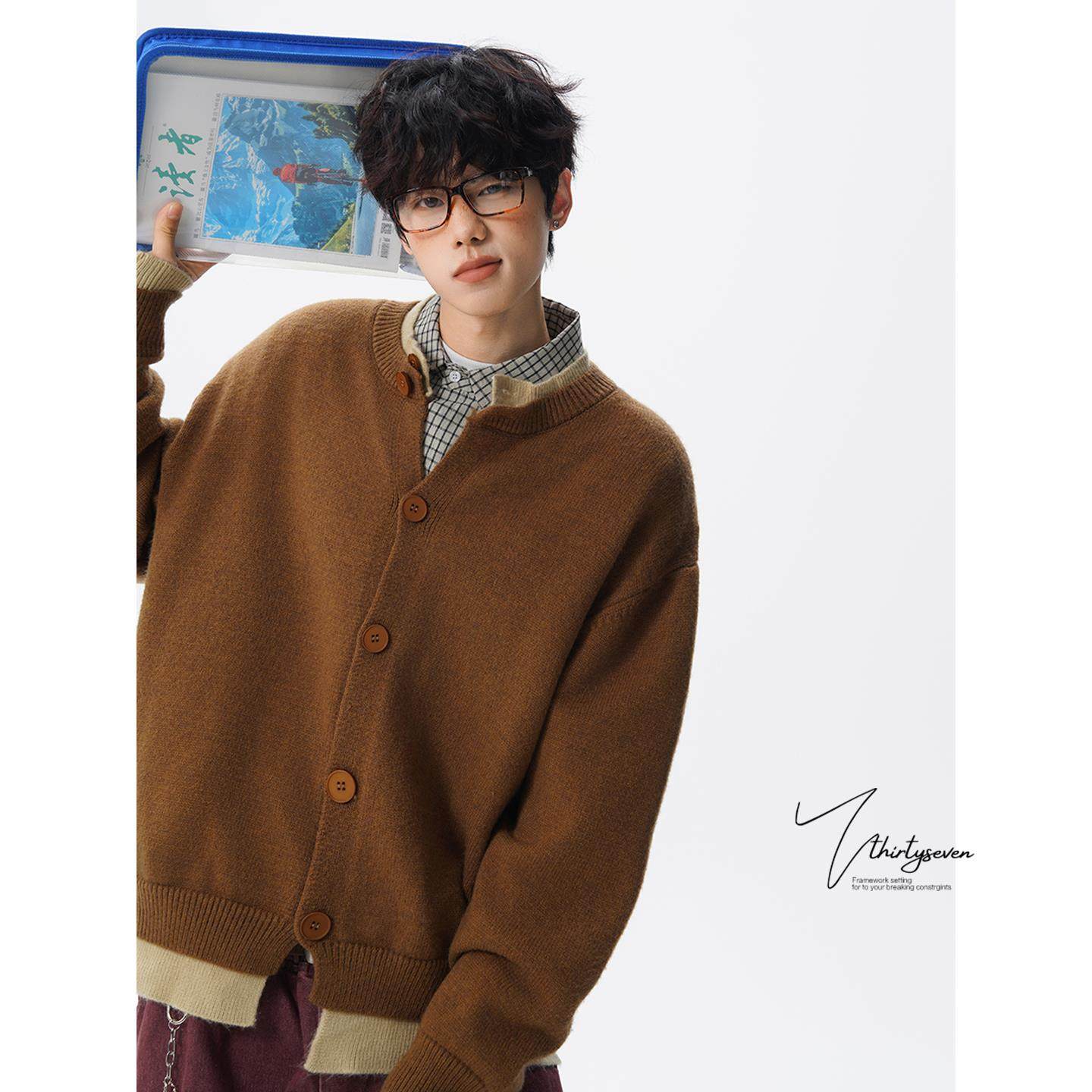 V37美式复古美拉德棕假两件针织衫男秋季宽松慵懒风情侣毛衣开衫,男装,针织衫/毛衣,淘宝优惠券,粉丝福利购,淘宝优惠卷