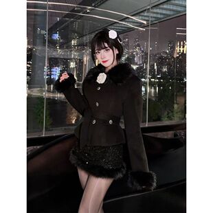 原创千金风毛呢拼接毛领套装冬季高级感加厚两件套女