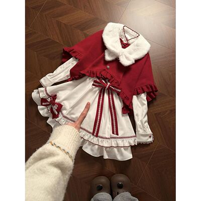 红昭愿 新年可爱甜美风轻lo斗篷连衣裙撞色冬红色战袍腰带
