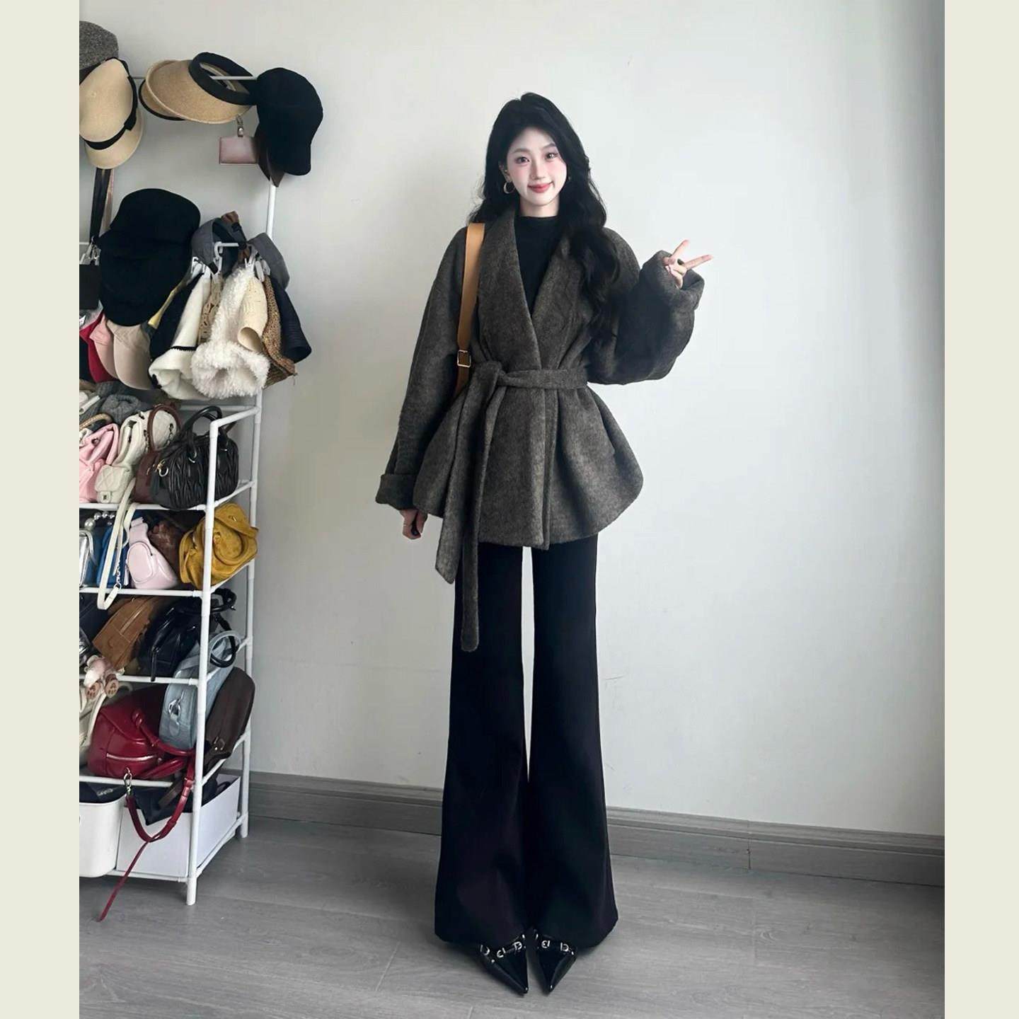 韩系赫本风灰色系带呢子大衣女秋冬季小个子气质通勤显瘦毛呢外套,女装/女士精品,毛呢外套,淘宝优惠券,粉丝福利购,淘宝优惠卷