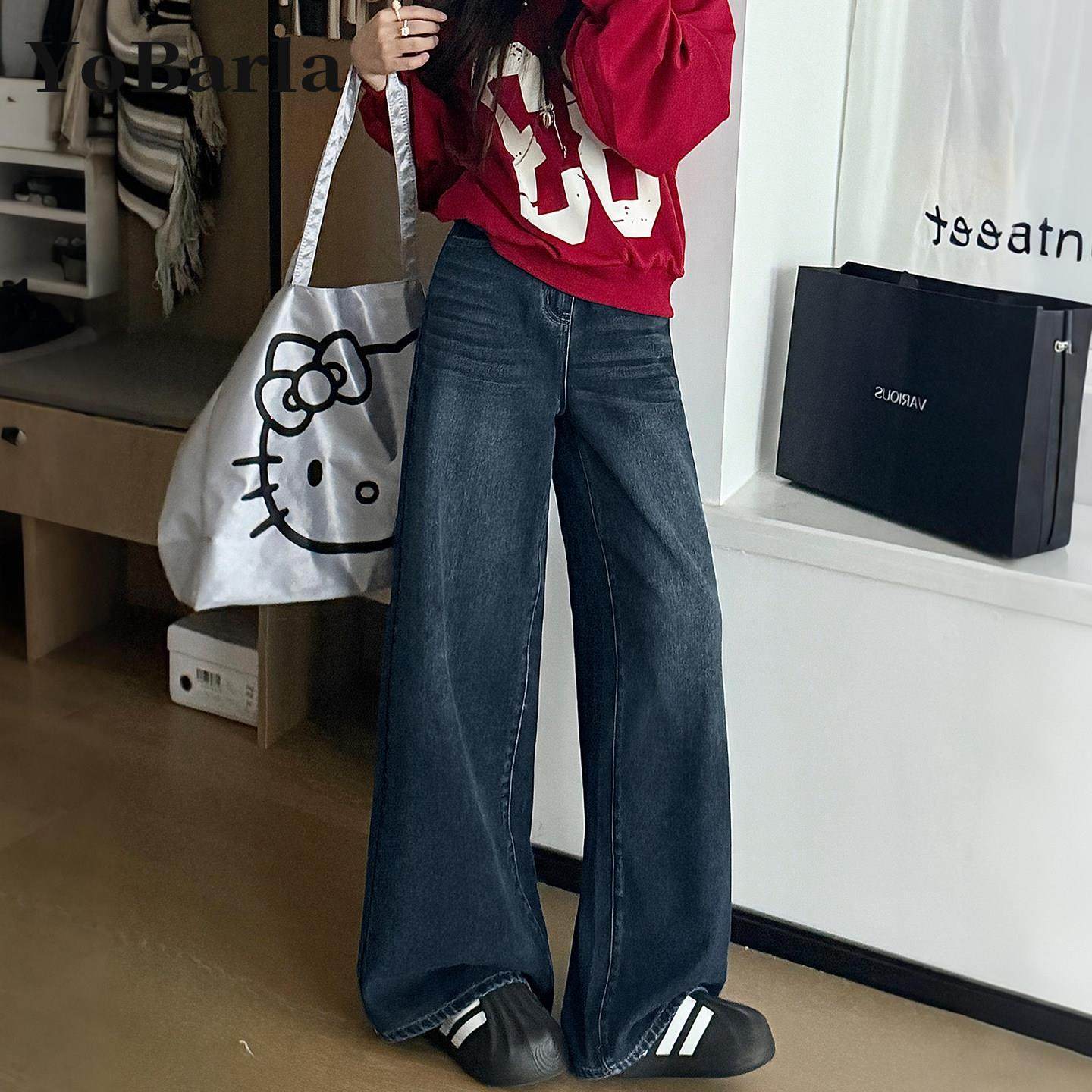 蓝灰色阔腿牛仔裤女秋冬加绒胖mm大码宽松梨型身材显瘦垂感直筒裤,女装/女士精品,牛仔裤,淘宝优惠券,粉丝福利购,淘宝优惠卷