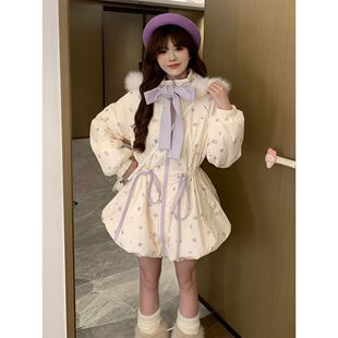 甜美可爱碎花中长款花苞棉服外套女冬季新款收腰显瘦连帽毛领棉袄