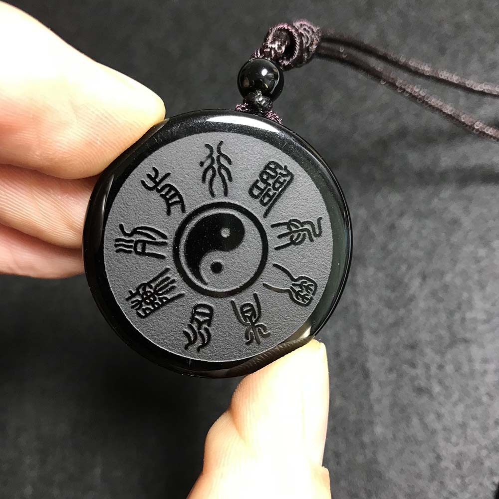 黑曜石阴阳太极八卦吊坠项链五岳真形图九字真言风水水晶饰品外贸