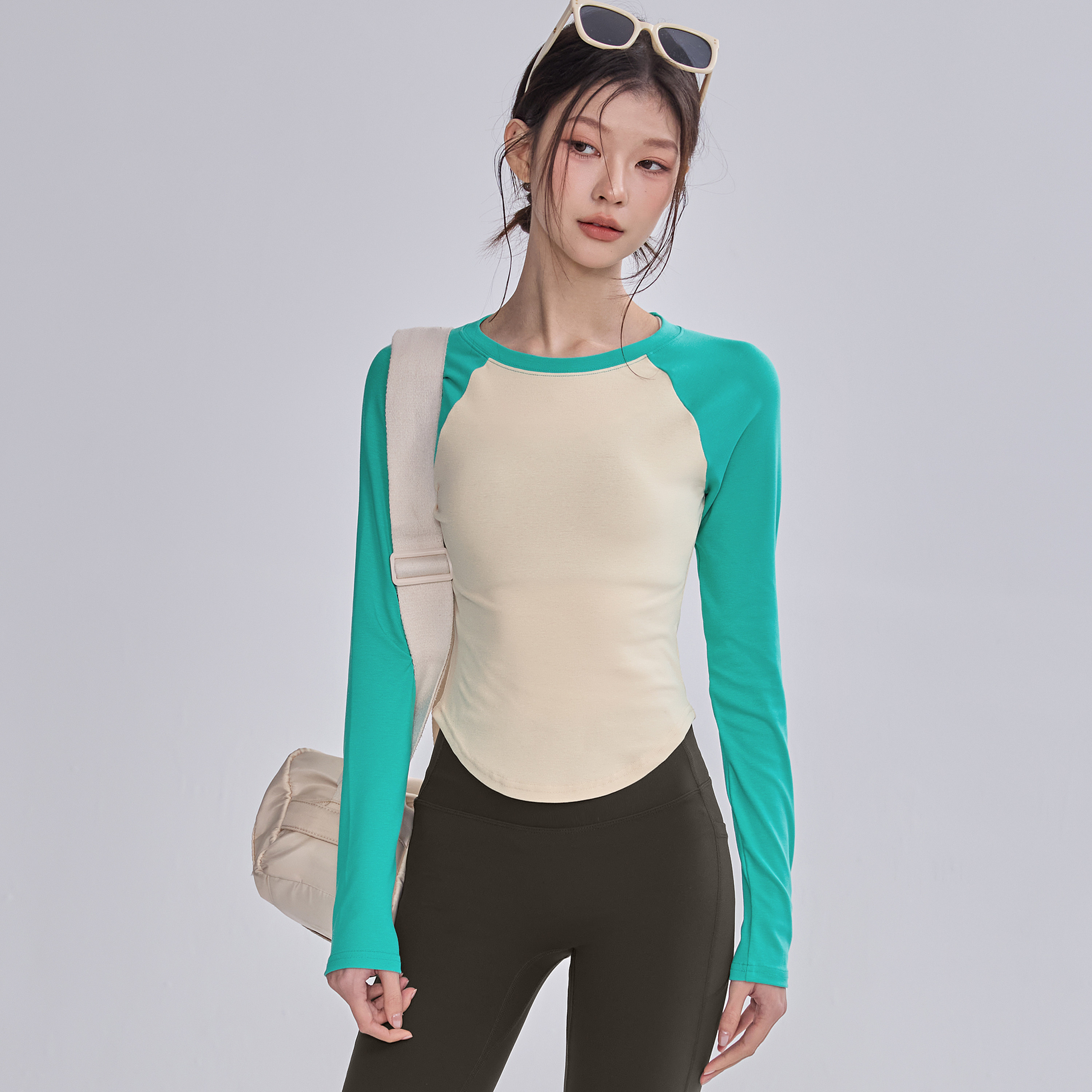 美式拼色健身衣女弹力运动上衣显瘦紧身瑜伽服T恤跑步长袖秋冬款