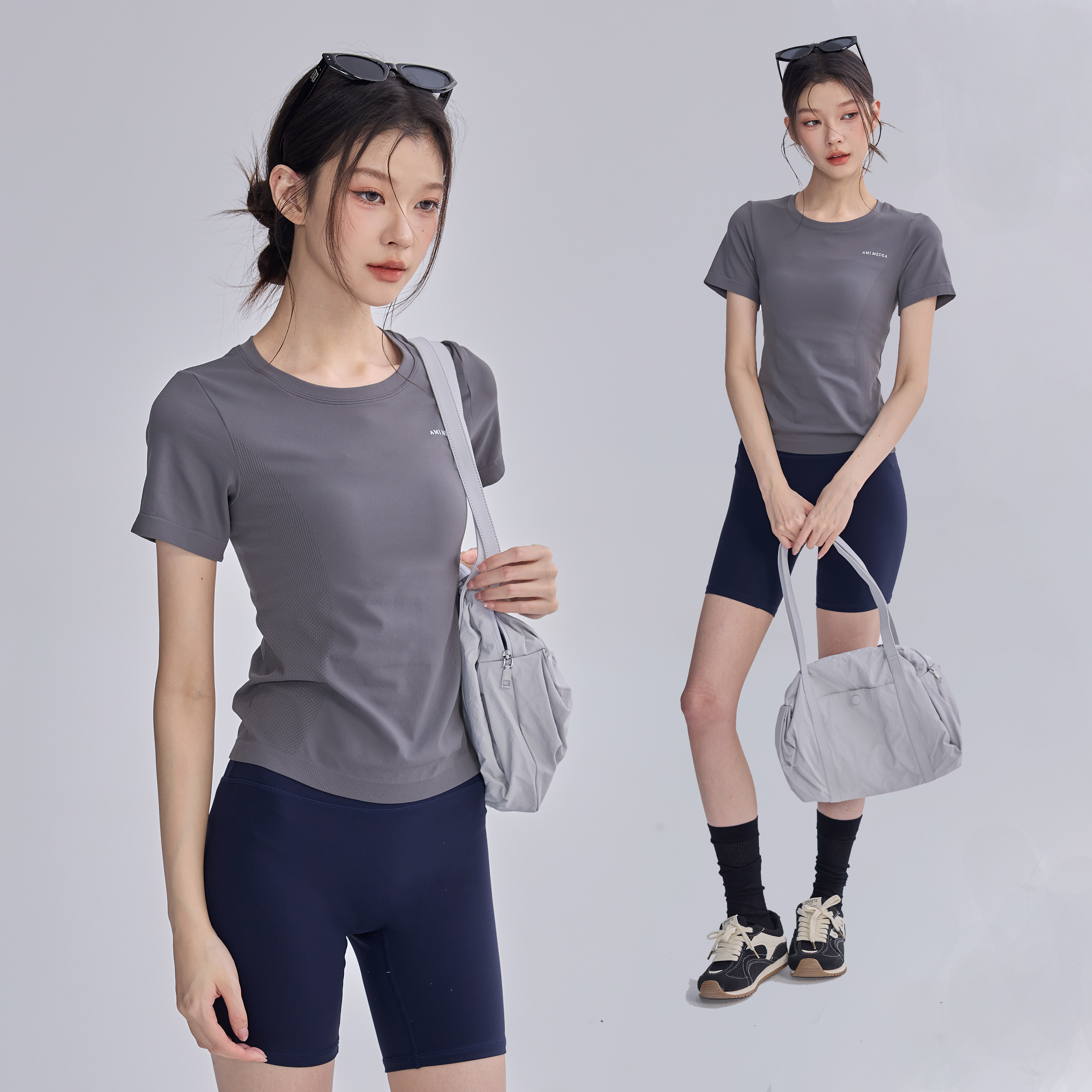 夏季薄裸感瑜伽服短袖女跑步弹力紧身T恤速干普拉提训练运动上衣