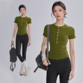 辣妹运动T恤普拉提训练上衣 显瘦短袖 圆领健身衣女修身 针织亨利衫