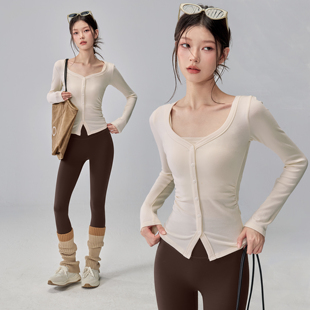 普拉提训练运动上衣秋 领排扣收腰长袖 修身 健身衣女绝美瑜伽服新款