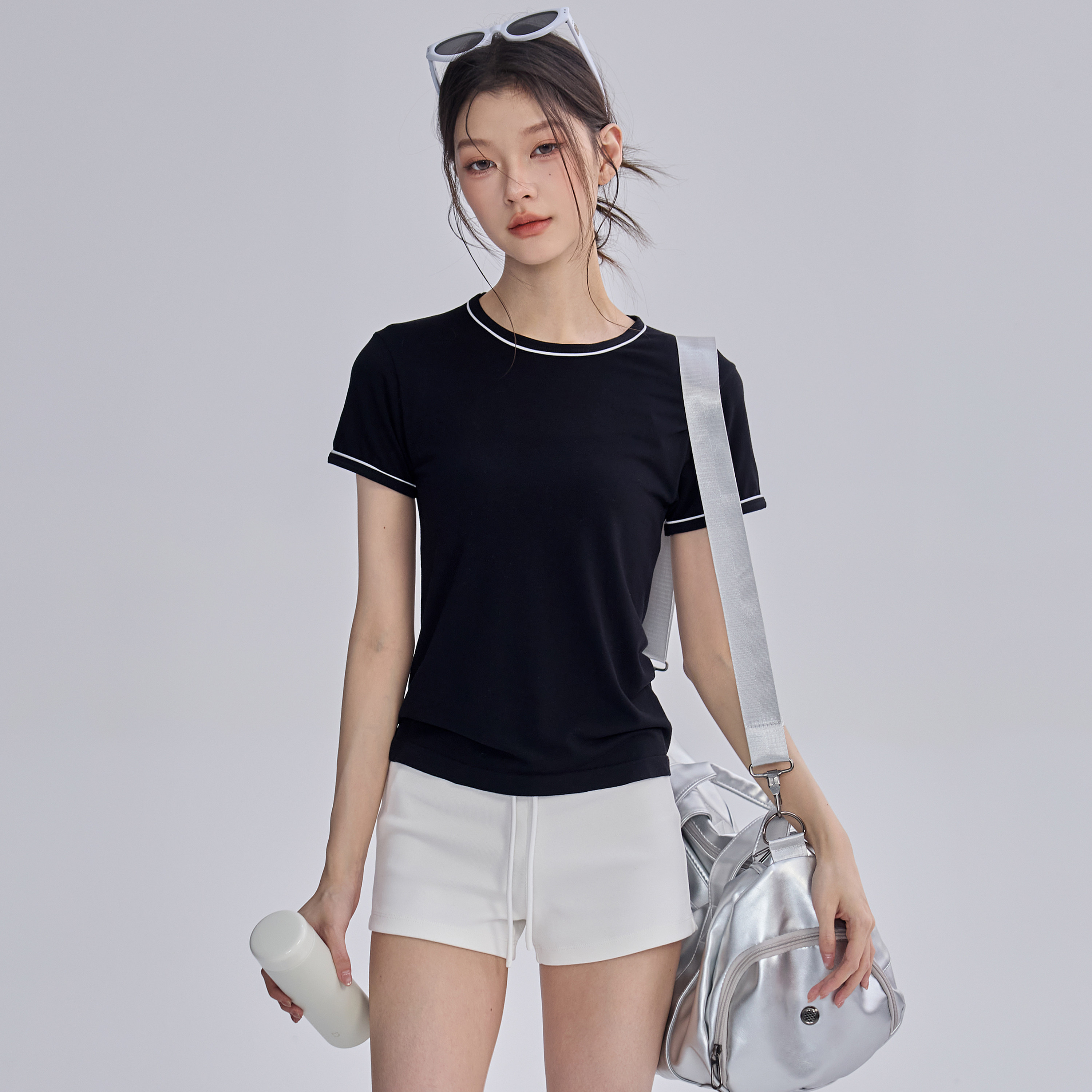 新款撞色竹纤维运动T恤女上衣弹力修身健身服普拉提户外跑步短袖