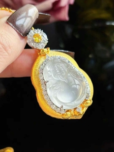 天然冰玻璃种水沫玉财神爷吊坠项链毛衣链纯银镀金不变色原创设计