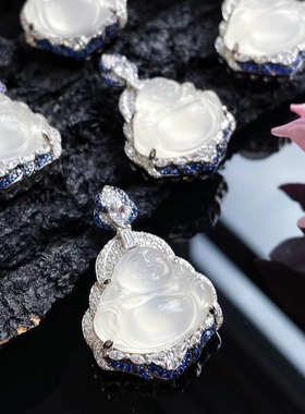 天然冰种白玉髓玛瑙弥勒大肚佛公本命925银镀金项链平安符设计款