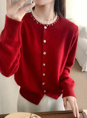 2025冬季韩版宽松重工钉珠圆领羊毛衫女红色高级感撞色领针织开衫