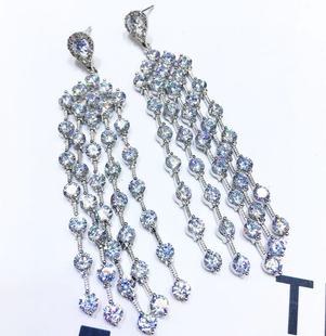 华丽时尚气质闪亮微镶水晶奢华灵动晚宴礼服耳坠复古流苏白色耳环