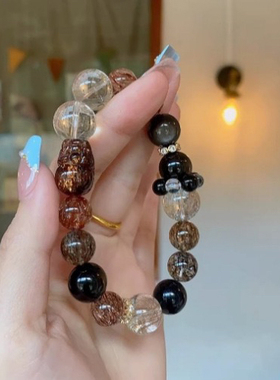 天然水晶手链高端黑金超黄发晶手串魔鬼银发茶晶手饰礼物女神礼物