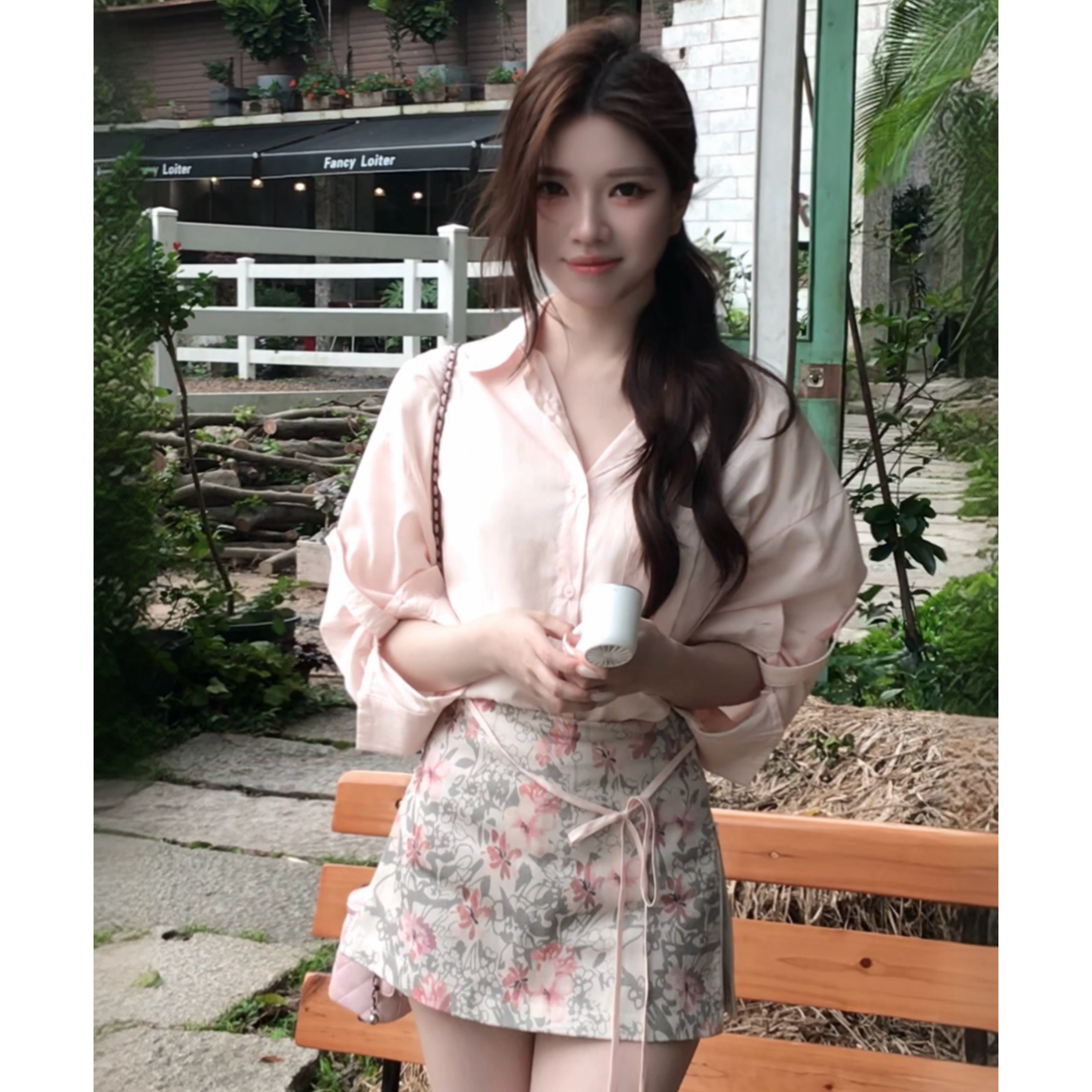 韩系温柔风粉色长袖衬衫上衣女夏时尚套装