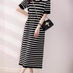 新款 气质优雅设计感长款 黑白条纹镂空宽松冰丝裙夏季 韩版 连衣裙女