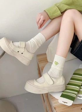 绿色袜子女夏季薄款纯棉堆堆袜女搭配小皮鞋夏天条纹全棉中筒长袜