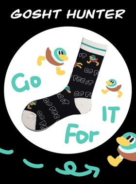 袜子女中筒袜ins潮秋冬黑色纯棉袜可爱卡通日系鸭子创意长袜