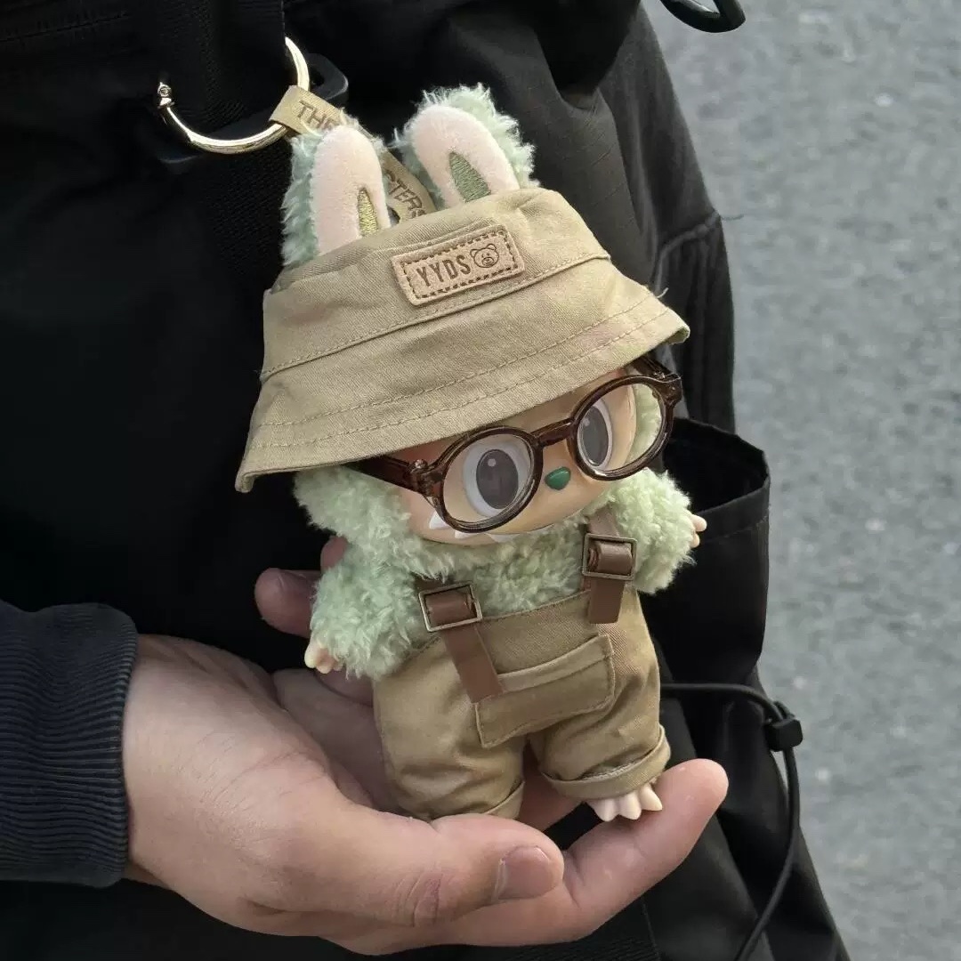 泡泡玛特拉布布labubu娃衣坐坐站立黑色衣服17cm15公仔背带裤帽穿
