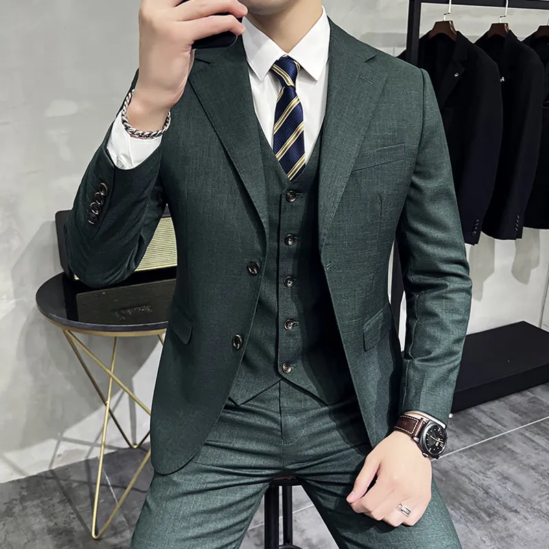 西服套装男士三件套2024高端墨绿色西服影楼拍摄新郎结婚西装礼服