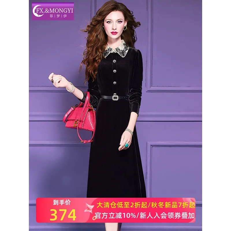 菲梦伊黑色绣花金丝绒衬衫连衣裙女秋季法式赫本风复古收腰中长裙