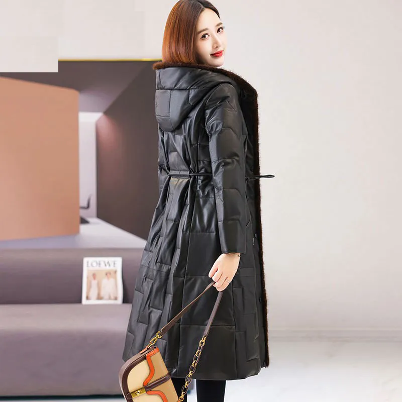 真皮羽绒服女长款2025冬新水貂毛领海宁绵羊皮衣女士外套收腰型